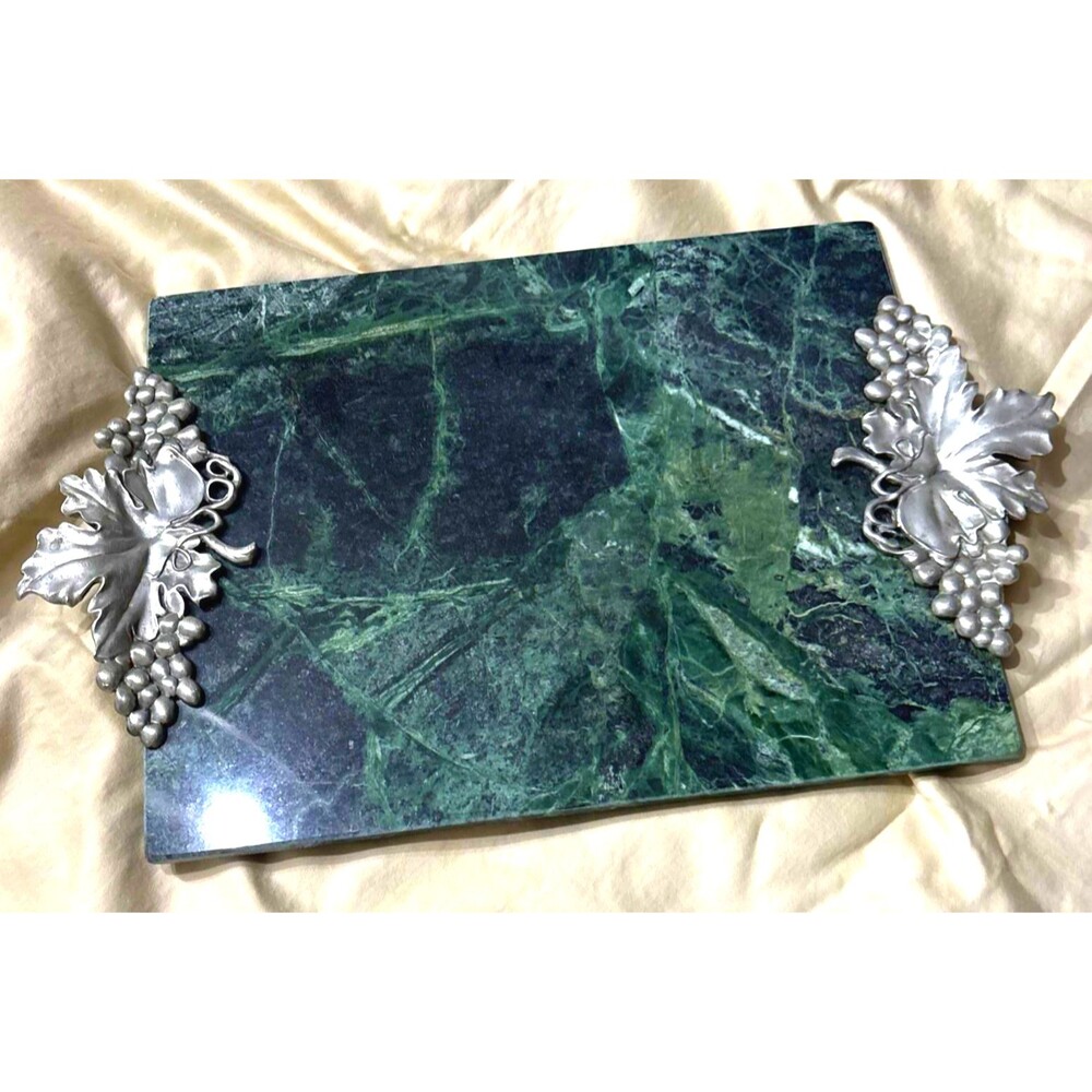 Vintage 1991 Seagull Pewter Grape Green Marble Cutting Charcuterie Board 9"x12"